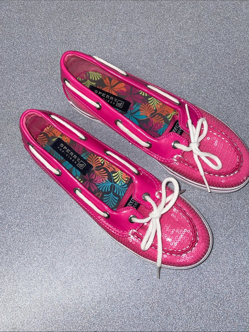 Sperry Women's Hot Pink Sequin Boat Shoes with White Laces